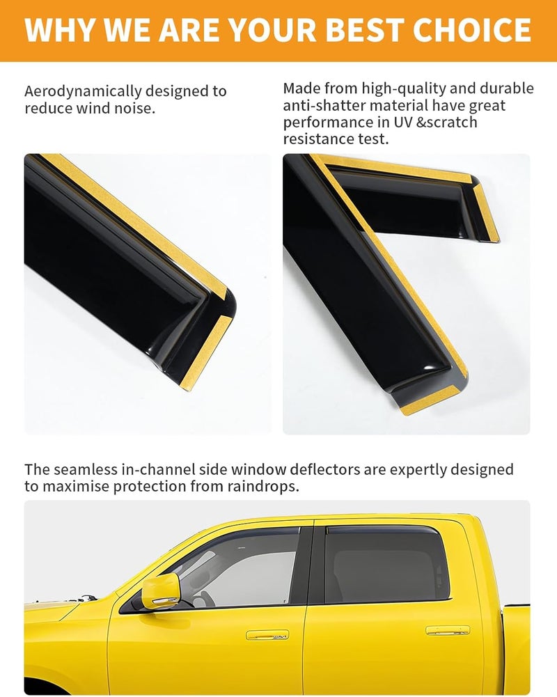 Deejecsun in-Channel Window Rain Guards Fit for Dodge RAM 2009-2018 Crew Cab Mega Cab Rain Guards Extra Durable Side Window Deflectors Visors Truck Vent Visors Vent Shades Car Accessories-4pcs - Image 5